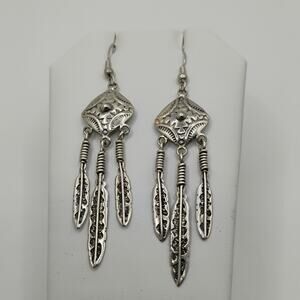 Southwestern Diamond Concho Feather Earrings in Sterling Silver